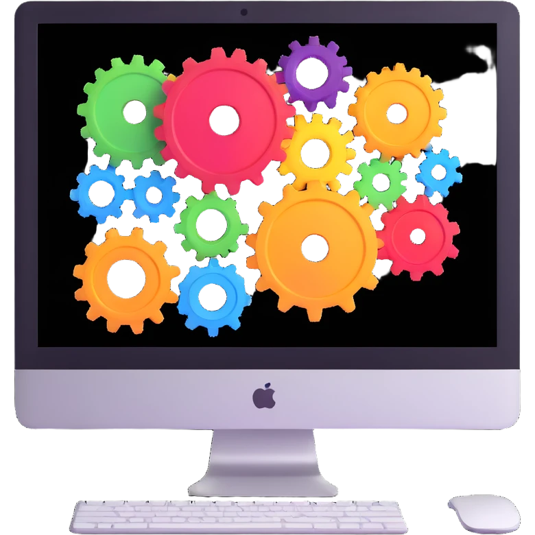 iMac computer with colorful gears on the screen emoji