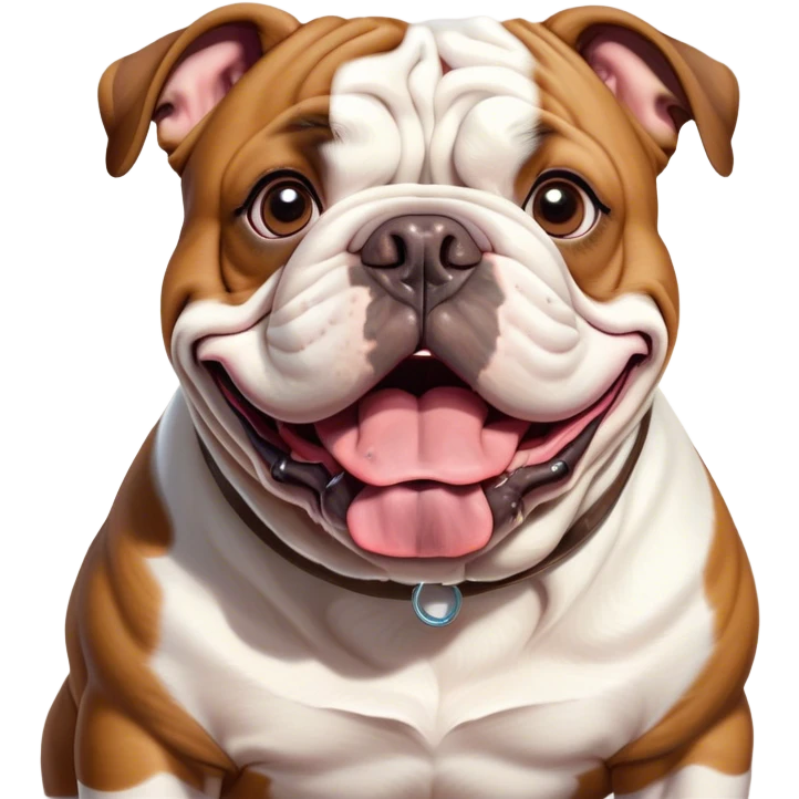 Cinematic Comical Brown and White English Bulldog Portrait Emoji, Head tilted dramatically with an exaggeratedly amused expression, featuring a striking brown and white coat with a bold pattern, wide, expressive brown eyes filled with playful disbelief, Simplified yet hilariously expressive features, highly detailed, glowing with a slightly sassy glow, high shine, dramatic yet playful, stylized with an air of cheeky defiance, bright and endearing, soft glowing outline, capturing the essence of a spirited and over-the-top guardian, so meme-worthy it feels like it could side-eye its way into internet fame instantly! emoji