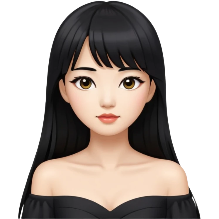 Asian woman with long black hair, straight bangs, black off-shoulder dress, and visible makeup emoji