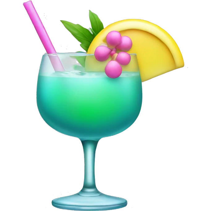 Bluish green cocktail with pink and yellow emoji