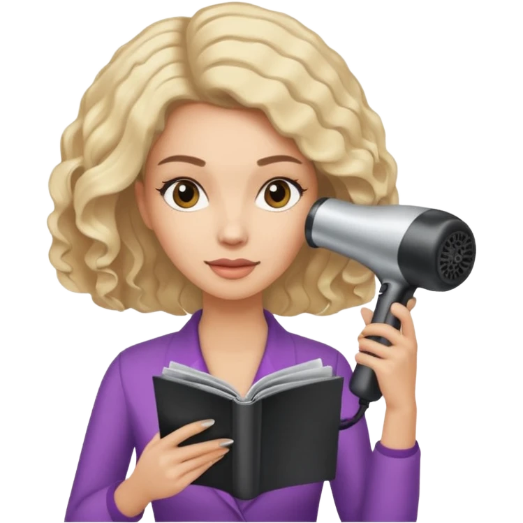 chica en la peluqueria con un secador en la cabeza y leyendo una revista emoji