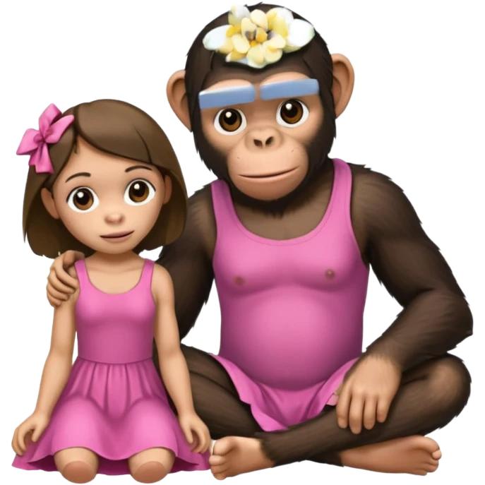 un chiomapnze sentado en el suelao al lado de una chica emoji