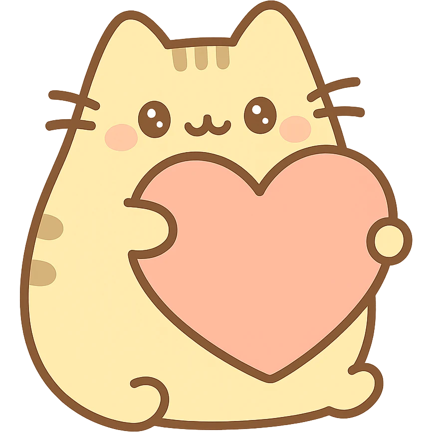 Pusheen hugging a big heart, pastel yellow and peach, sweet and adorable, kawaii style emoji
