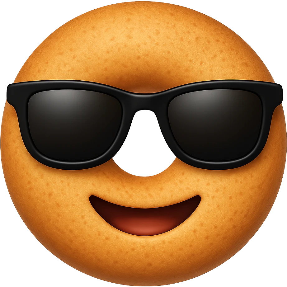 Make the dough a perfect circle with holes like a classic donut, add a textured surface, and use the same black sunglasses as the cool emoji on iPhone. Keep the background transparent. The style should resemble the iPhone emoji style with a clean and polished look. emoji
