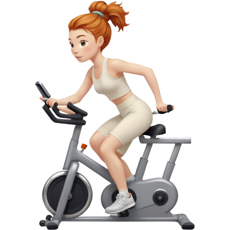 Gorgeous Ginger girl messy bun riding stationary bike cream sweatpants emoji