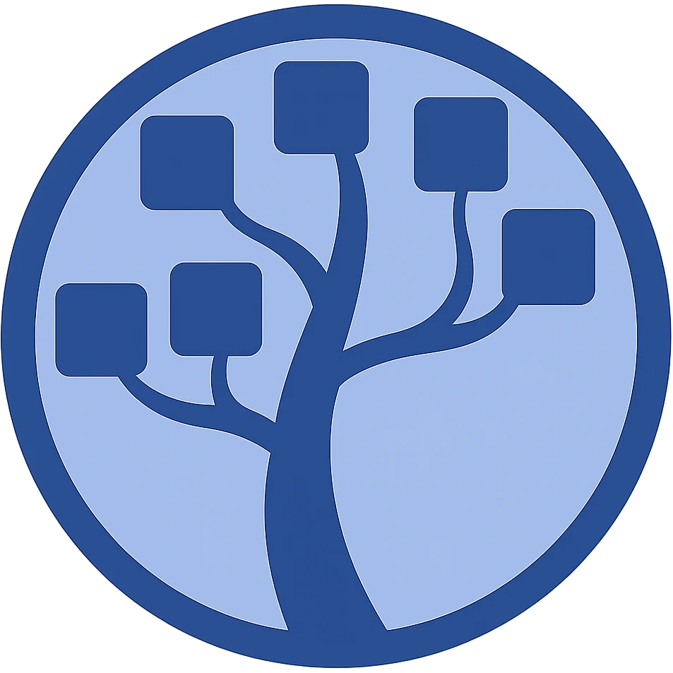 Re-imagine the WinDirStat logo in the flat blue style with clean, simple lines. Replace the green and black colors with various shades of blue for the circle, tree, and square leaves. Keep the tree and square leaves concept intact, using almost exclusively blue shades with minimal other colors. Prioritize clarity and consistency with other icons in this style, with a fully transparent background. emoji