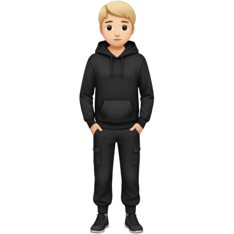 fullbody Mysterious shy caucasian man in black hoodie, hands in pockets and black pants emoji