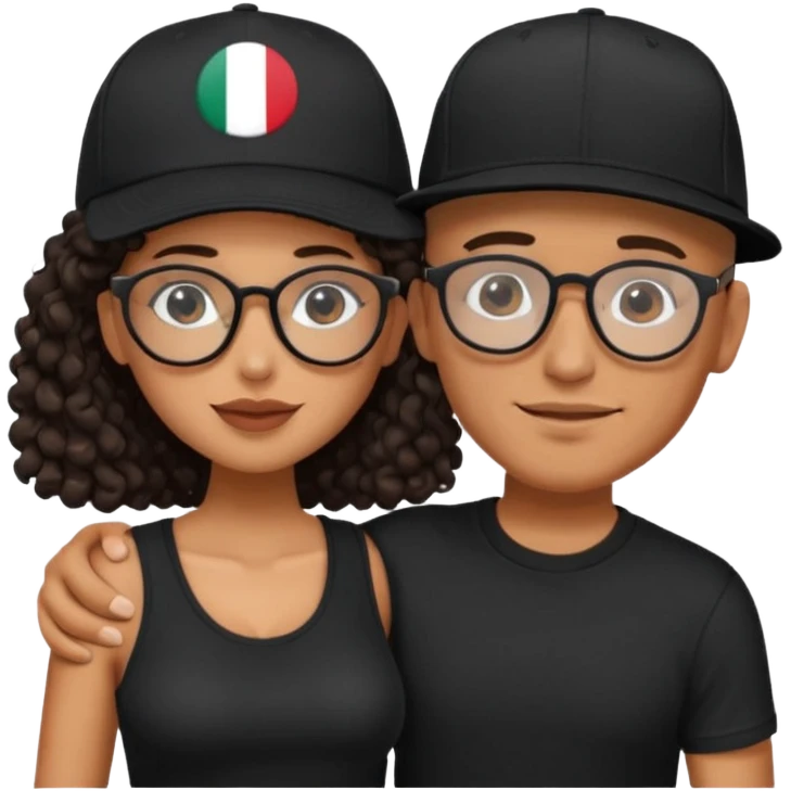 A picture of an embracing tanned couple. the man is a Mexican man with tanned skin, with a bald hair cut wearing a SnapBack hat and a black shirt. the woman wearing black glasses, with long curly dark brown hair and with big boobs.  emoji