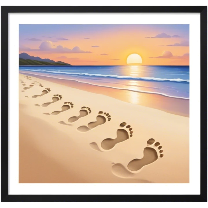 beach sunset. Two sets of footprints—one baby footsteps, the other larger childhood self and inner child emoji