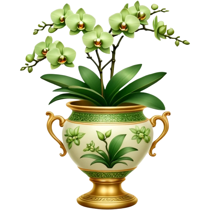 Green orchids in a golden porcelain pot  emoji