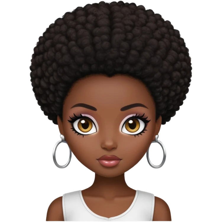 pretty bratz girl, dark black skin, dark brown afro, dark brown eyes, black eyeliner, deep black skin emoji