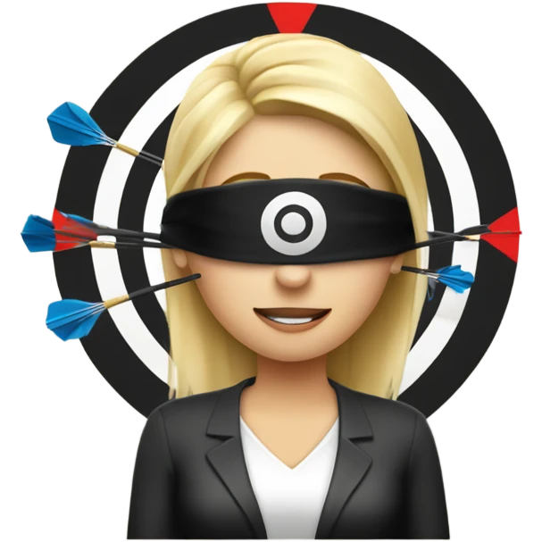 Blond woman with blindfold aiming at bullseye throwing darts emoji