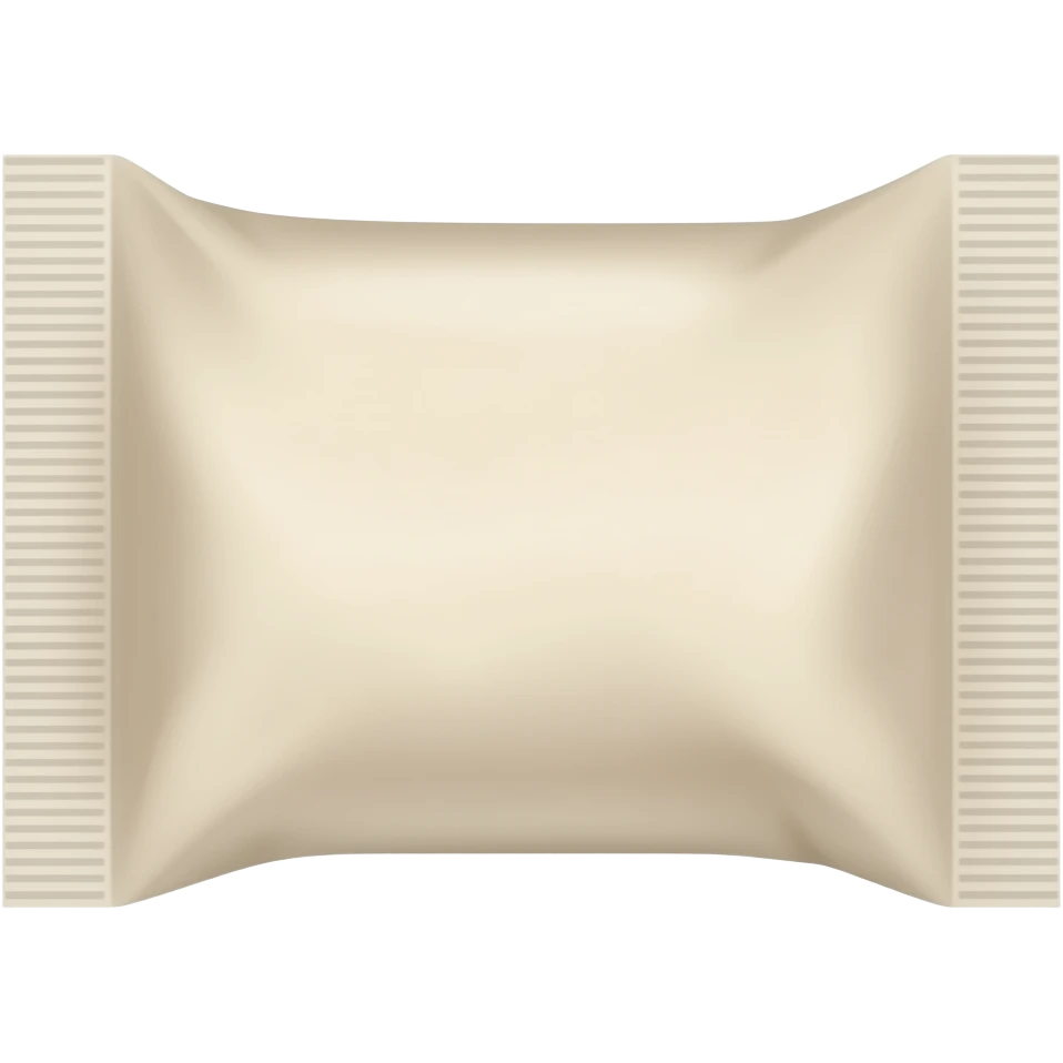 A small horizontally elongated nicotine pouch made from thin matte porous paper. The pouch is softly pillow-shaped with slightly uneven filling and gently curved sides, about twice as wide as it is tall. The short ends are sealed with narrow crimped paper edges. emoji