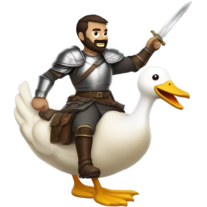 Confident armored White Man with dark brown hair and a short beard pointing forward with one arm holding a sword and yelling a battle charge while riding on the back of a giant duck emoji