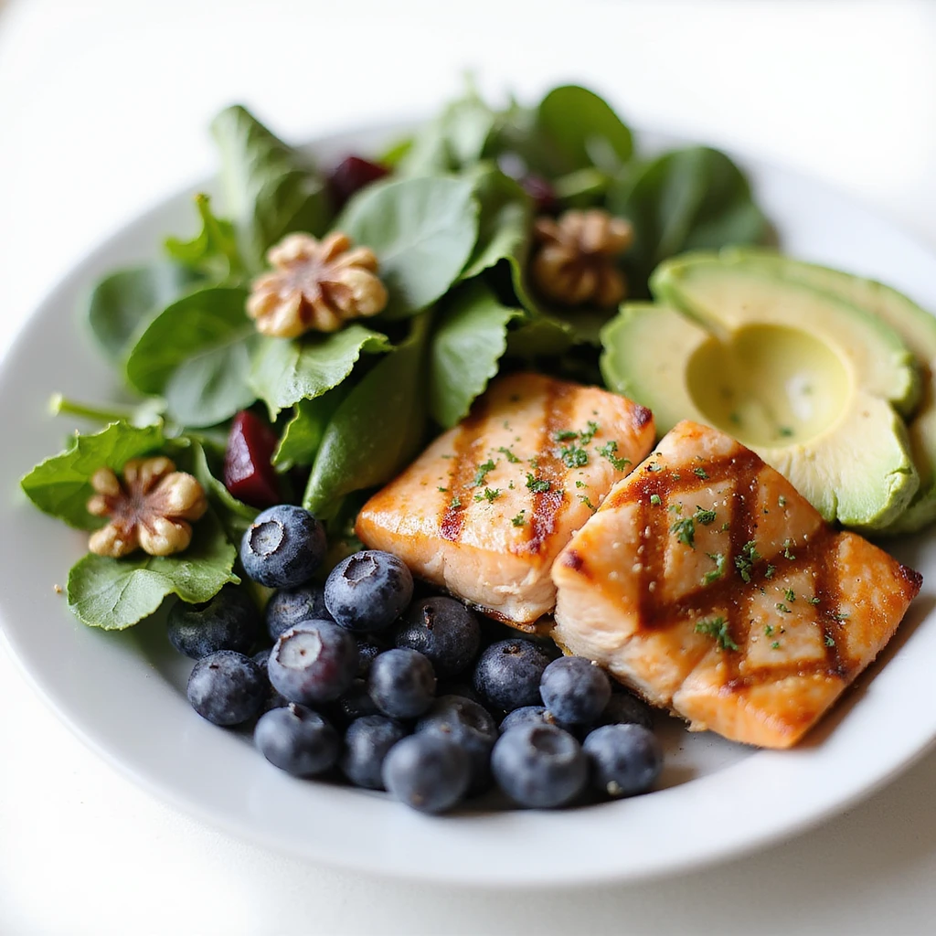 close-up of a balanced plate with grilled salmon, spinach salad, sliced avocado, blueberries, and walnuts, food photography style, vibrant colors, white background emoji