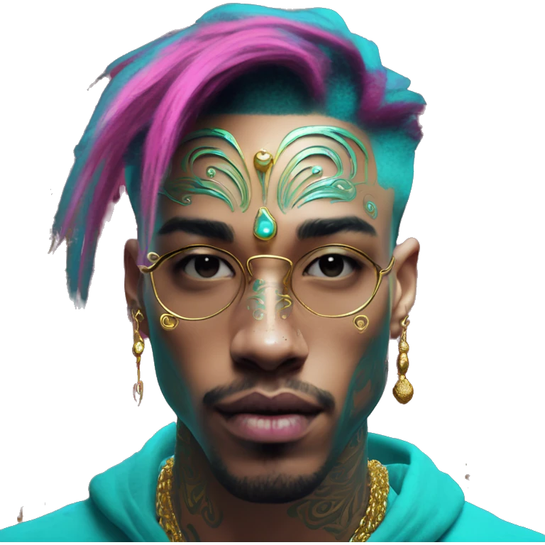 Vintage patina intricate swirls gold jewellery baroque golden raven tropical Deep pink maroon burgundy cyan dark hoodie man vitiligo dyed hair gold piercings nose piercing ear piercings emoji