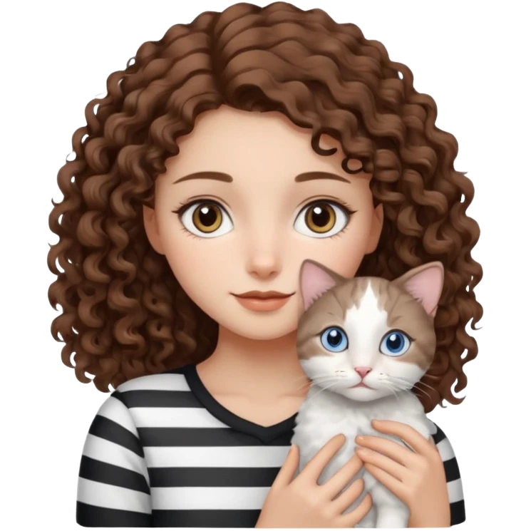 Haz un emoji de una chica con piel clara, ojos marrones, cabello castaño, rizado, cargando a un gato blanco con rayas negras y grises con ojos azules  emoji