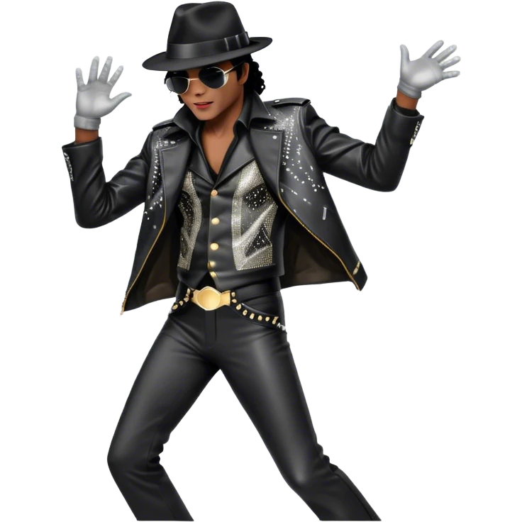 Icon of Michael Jackson as R&B legend: wearing a black fedora, sparkling glove, and leather jacket, striking a moonwalk pose. Background with musical notes and abstract patterns, capturing the energy and soul of R&B. Transparent background. emoji