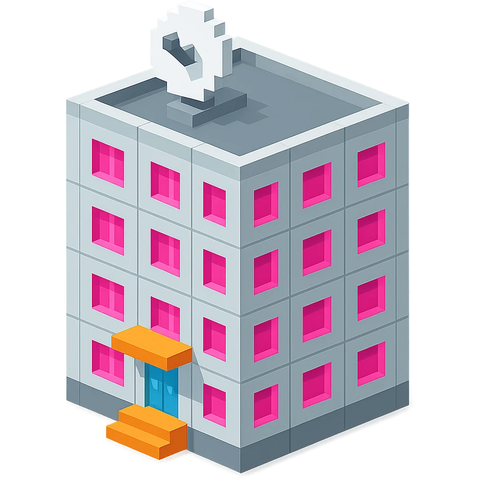 modern Russian panel apartment building, square block, light gray, bright pink windows, detailed entrance, large satellite TV dish on roof, isometric view emoji