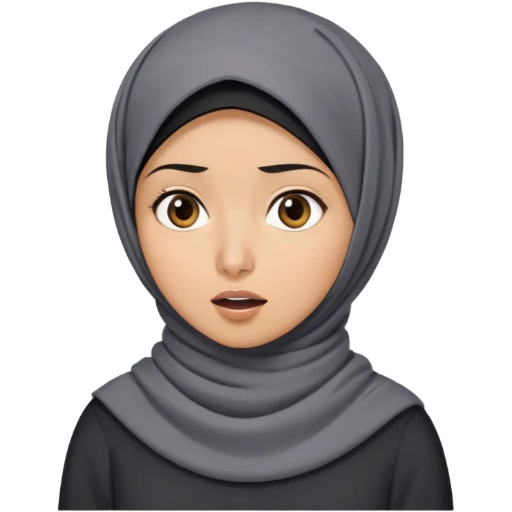 người phụ nữ 30 tuổi, da vàng, đội khăn hijab, tóc ngắn màu đen, mặt biểu cảm ngạc nhiên, áo màu xám đậm emoji