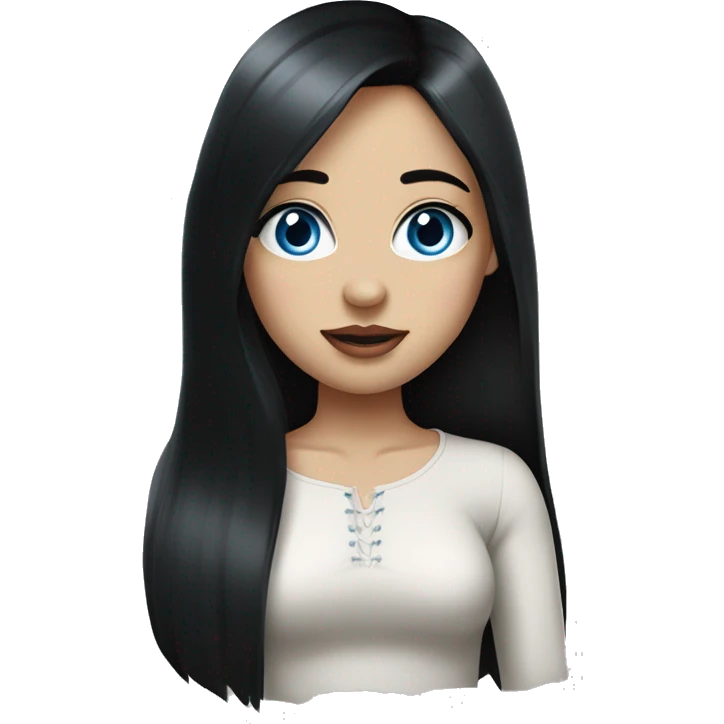 a girl with fair skin, straight long black hair, blue eyes, standing, very beautiful, very hot, plump lips and eyelashes emoji