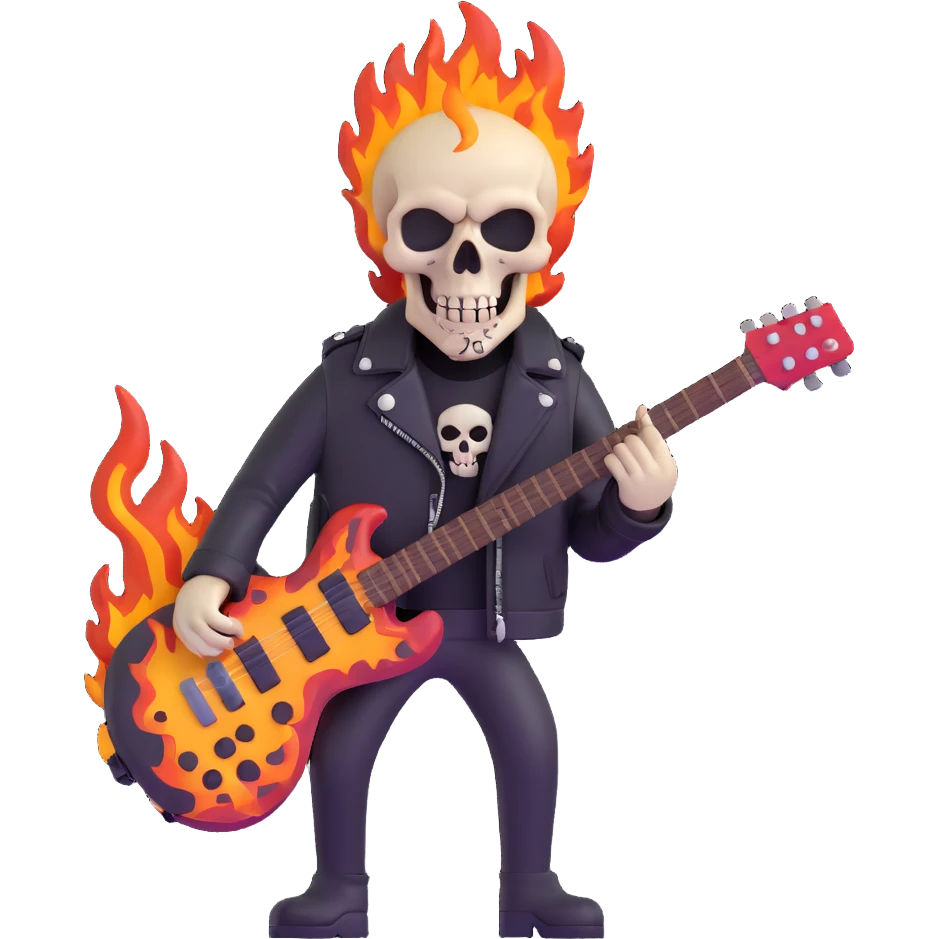 heavy metal skull with flames, electric guitar, leather jacket emoji