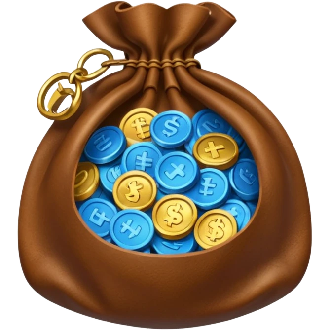 blue coins inside an opened brown money bag  emoji