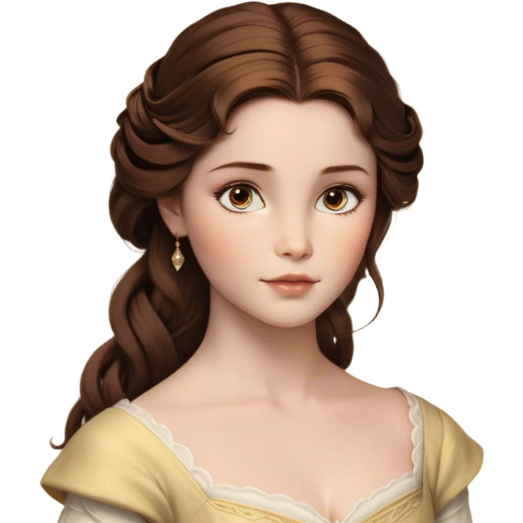 Cinematic Realistic Belle Portrait, depicted with lifelike skin texture, soft natural lighting, and intricately detailed brown hair styled elegantly. Her deep, expressive eyes exude warmth and intelligence, complemented by a serene and graceful expression. She is dressed in her classic attire, with rich fabric textures and delicate folds that catch the light beautifully. The portrait features a soft, enchanting glow with a natural, radiant finish, capturing the essence of timeless beauty in a realistic and painterly style, evoking a sense of depth and authenticity. emoji