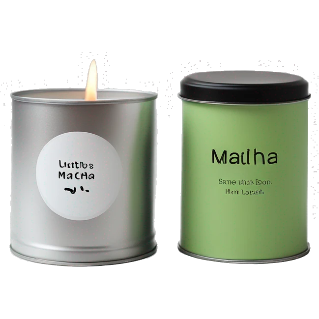 realistic short lit matcha candle, silver tin, small plain white label with black text emoji