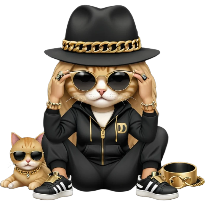 female cat dressed like Run DMC with tracksuit, fedora, Adidas shoes, dark sunglasses, lots of gold chains, rings, bracelets, earrings, lying on the ground, distressed and crying emoji