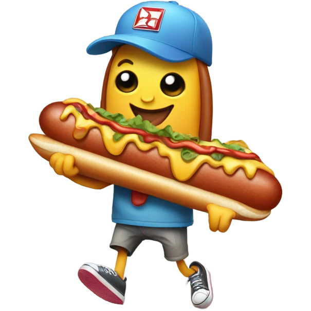 A cartoon hotdog skateboarding while holding a dog on a leash emoji