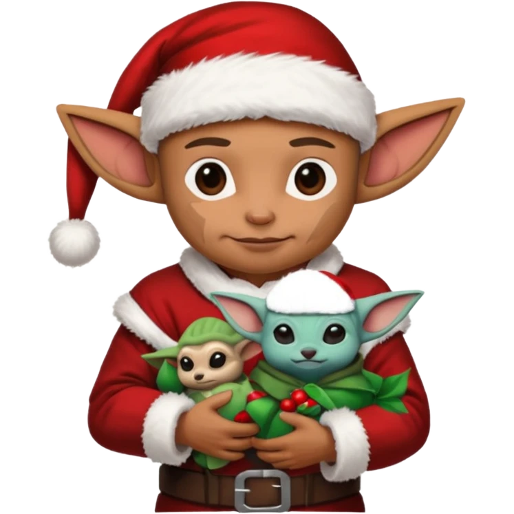 mandalorian holding grogu wearing santa hat emoji