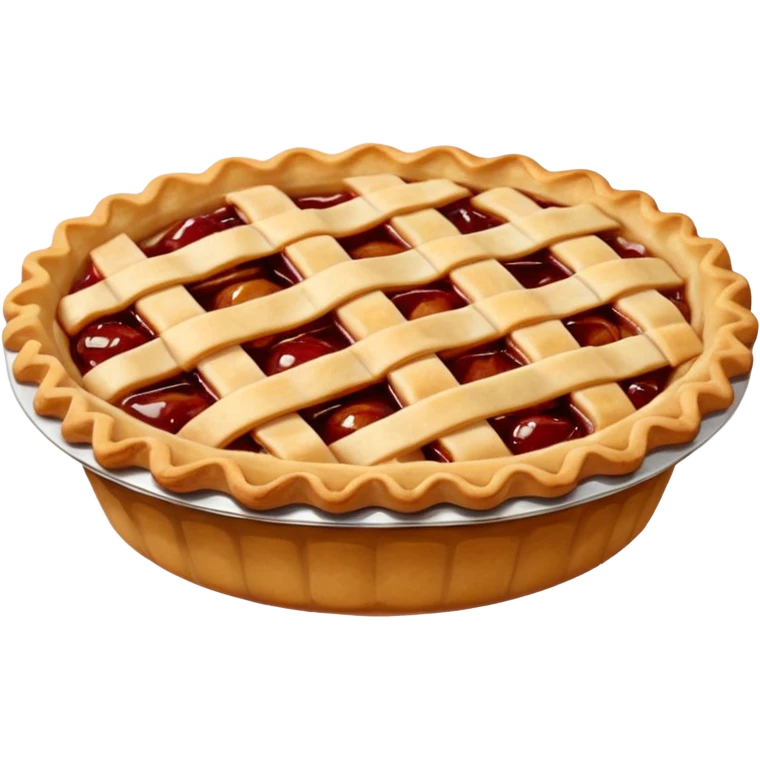 A highly detailed, photorealistic 3D render of a small, individual apple pie, with a golden-brown lattice crust. The filling is a rich, glistening red-amber, bubbling slightly.  emoji