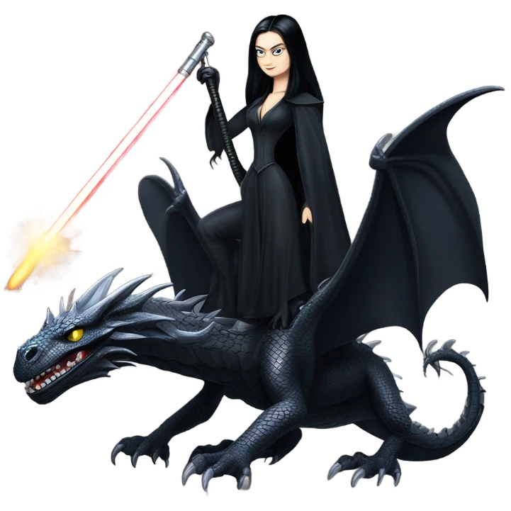 Determined and beautiful armored teen Morticia Addams Jedi riding on the back of a giant black dragon emoji