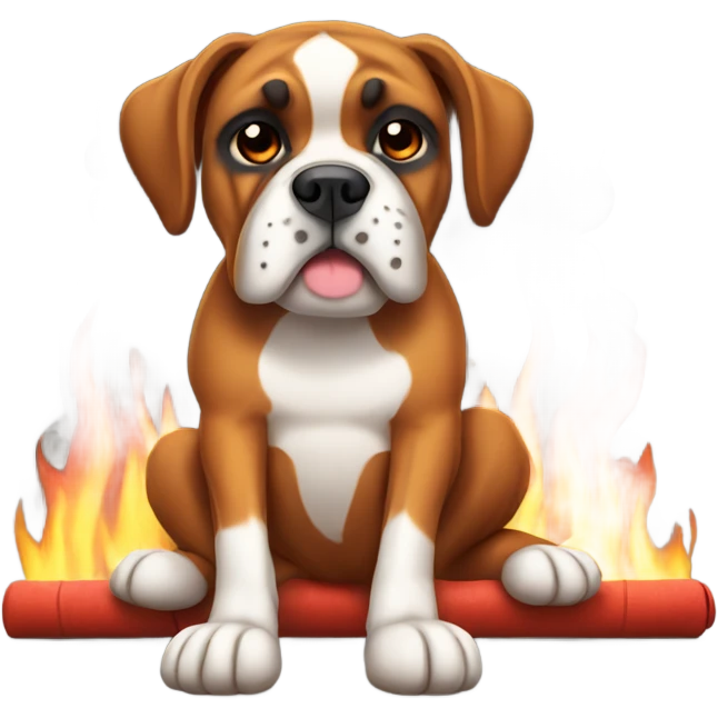 Boxer dog laying by a fire emoji