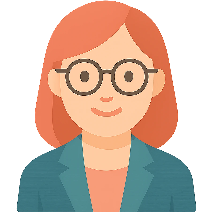 Add glasses to the woman, stylized with subtle color accents, clear silhouette, professional yet warm, with no background emoji