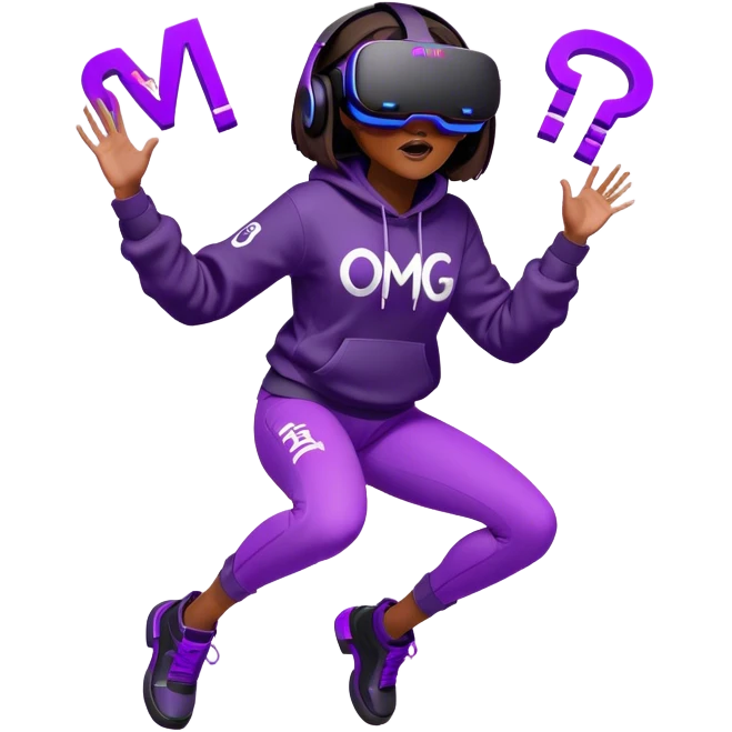 brown haired girl with a bob girl wearing black hoody with violet letters "OMG", in vr headset oculus quest2. jumping. Cyberpunk style. Violet neon. emoji