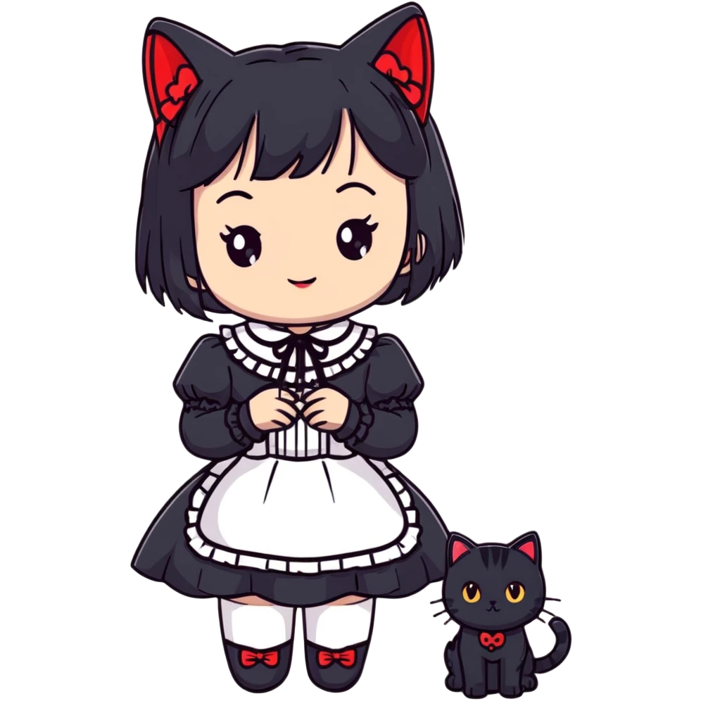 girl wearing black Lolita style dress, with medium-length black hair with red tips, and a black American Shorthair tabby cat emoji