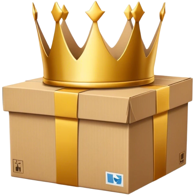 A cardboard box package with a floating crown above it emoji