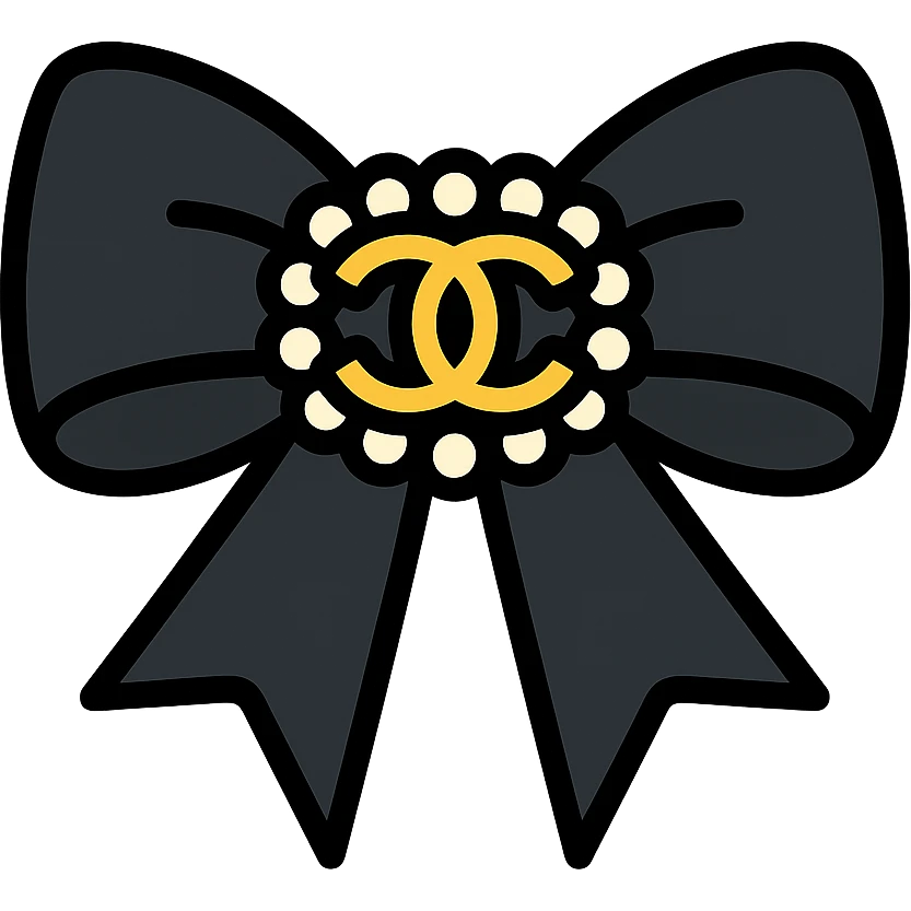 elegant bow with pearls and gold Chanel logo, glossy, black and white emoji