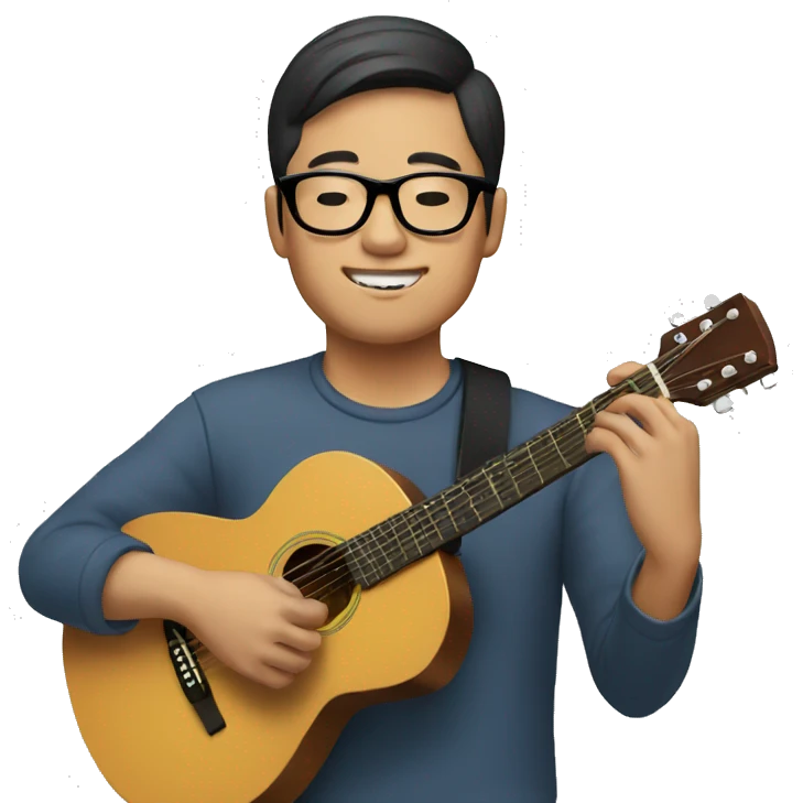 Asian man with round glasses playing a guitar.  emoji