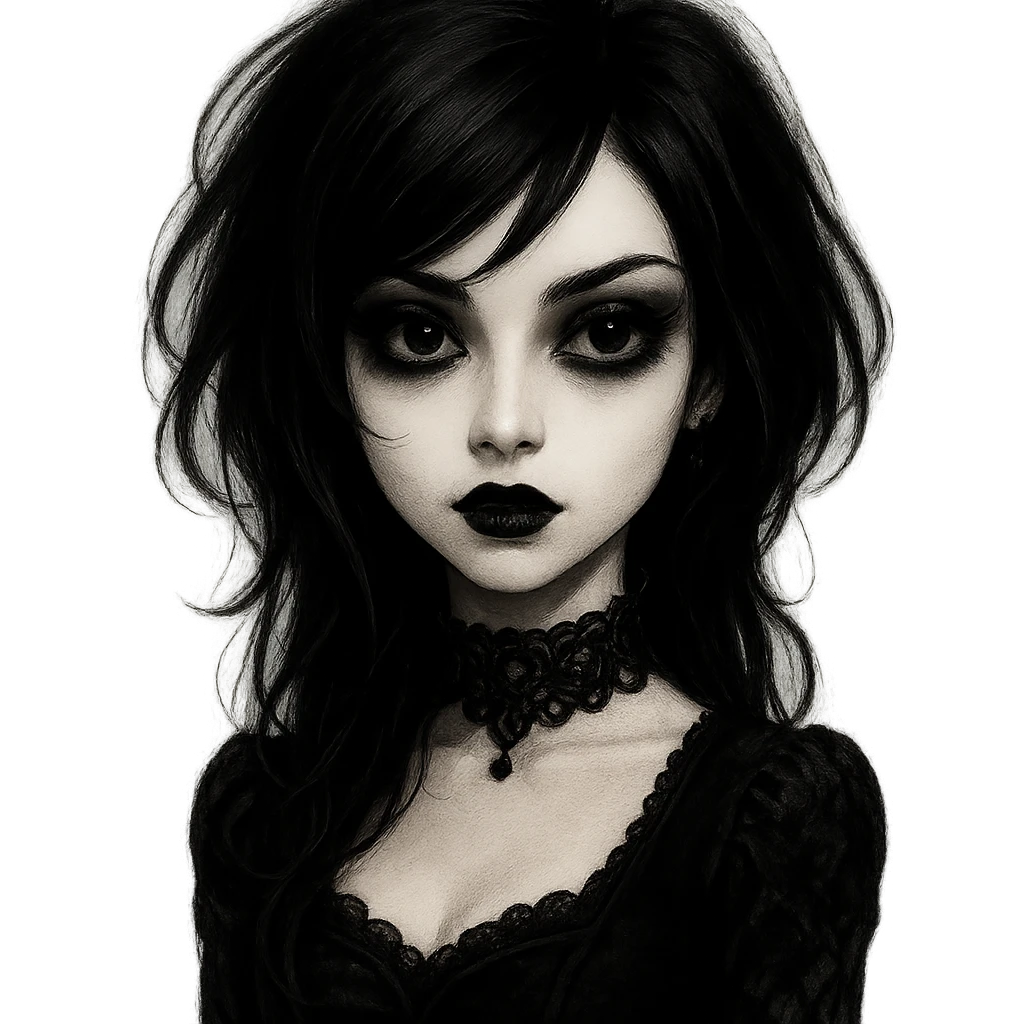 emo girl with a heart-shaped face, gothic style, mysterious and elegant, dark hair, expressive eyes emoji
