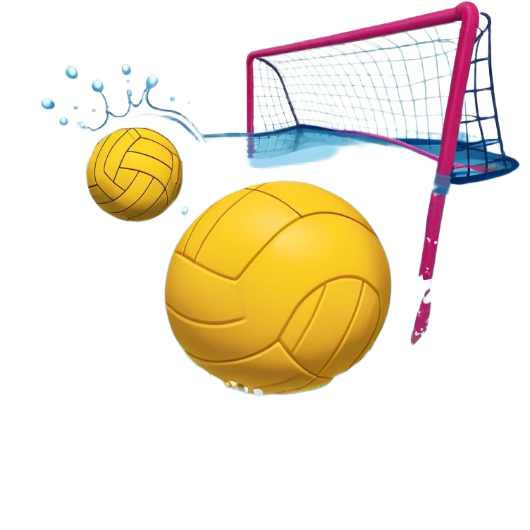 An icon featuring a yellow water polo ball floating on the water with goals in the background, inside a swimming pool. The design includes splashes and ripples, symbolizing the fast-paced action and strategy of water polo. Transparent background highlights. emoji