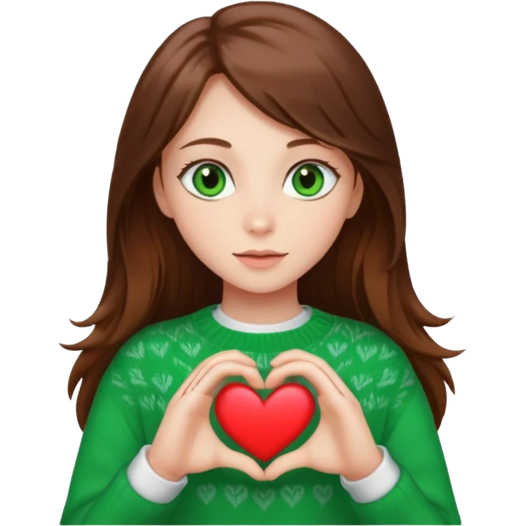 Girl green eyes brown long hair white warm sweater showing heart with her hands emoji