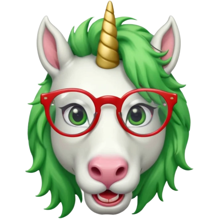 white furred unicorn with green hair and big red earrings looking into camera and spectacle and biiiggg earrings emoji