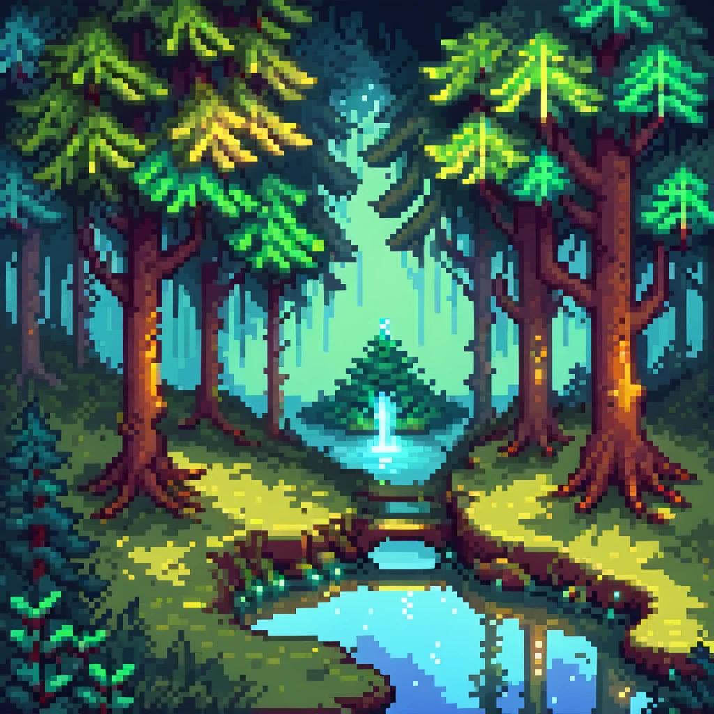 Magical forest with glowing trees and a hidden lake emoji