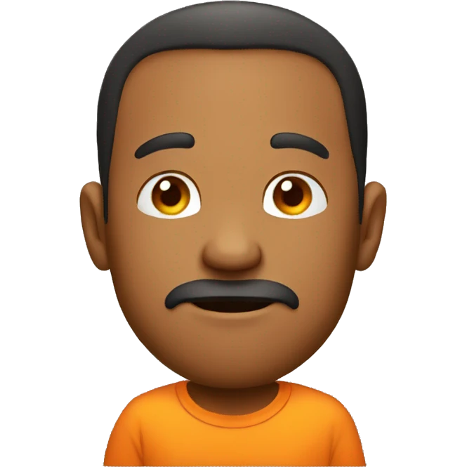 man with orange tshirt thinking with finger on chin emoji