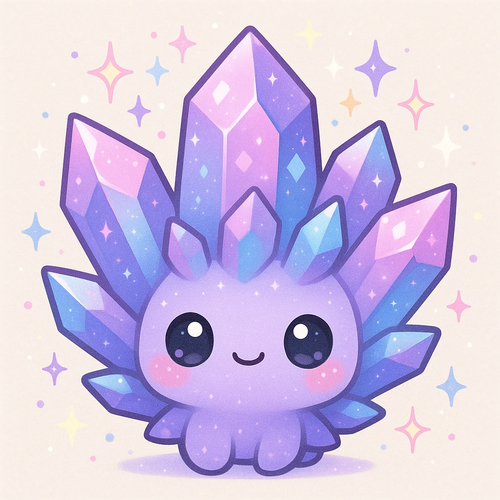 kawaii style crystal sprite creature, purple, blue, and pink, cute and sparkly emoji