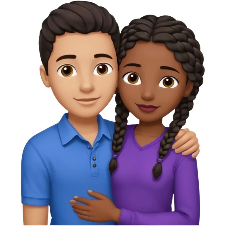 Boyfriend who is middle Easterntan olive skinned with blue eyes and wavy straight brown hair in a blue shirt and his African girlfriend who is very black skinned, juicy lipped with black braided hair and the two are hugging and smiling hugely she’s wearing purple and she has black eyes emoji