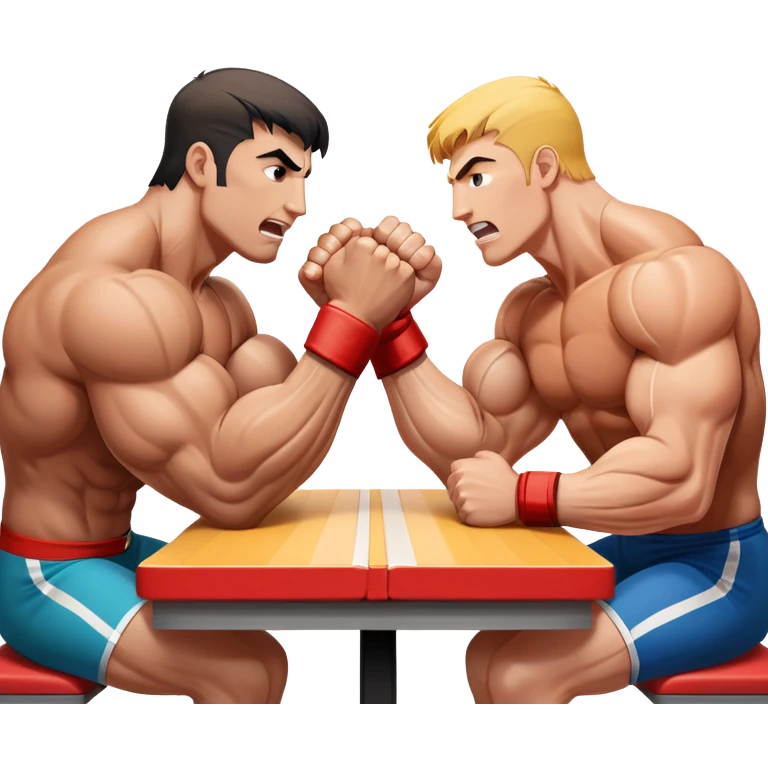 Two strong competitors locked in an intense arm wrestling match, muscles tensed as they battle for victory. The table is well-lit, showcasing their focused expressions and powerful arm grips. The background features a competitive arena with a cheering crowd. Transparent background. emoji